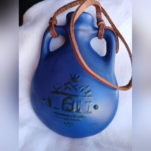 Matte Blue Ceramic Wall Flask with Brown Leather Strap